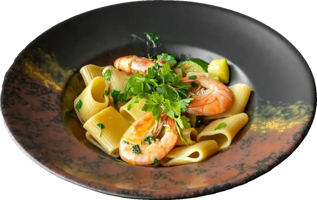 Paccheri with king prawns and courgette